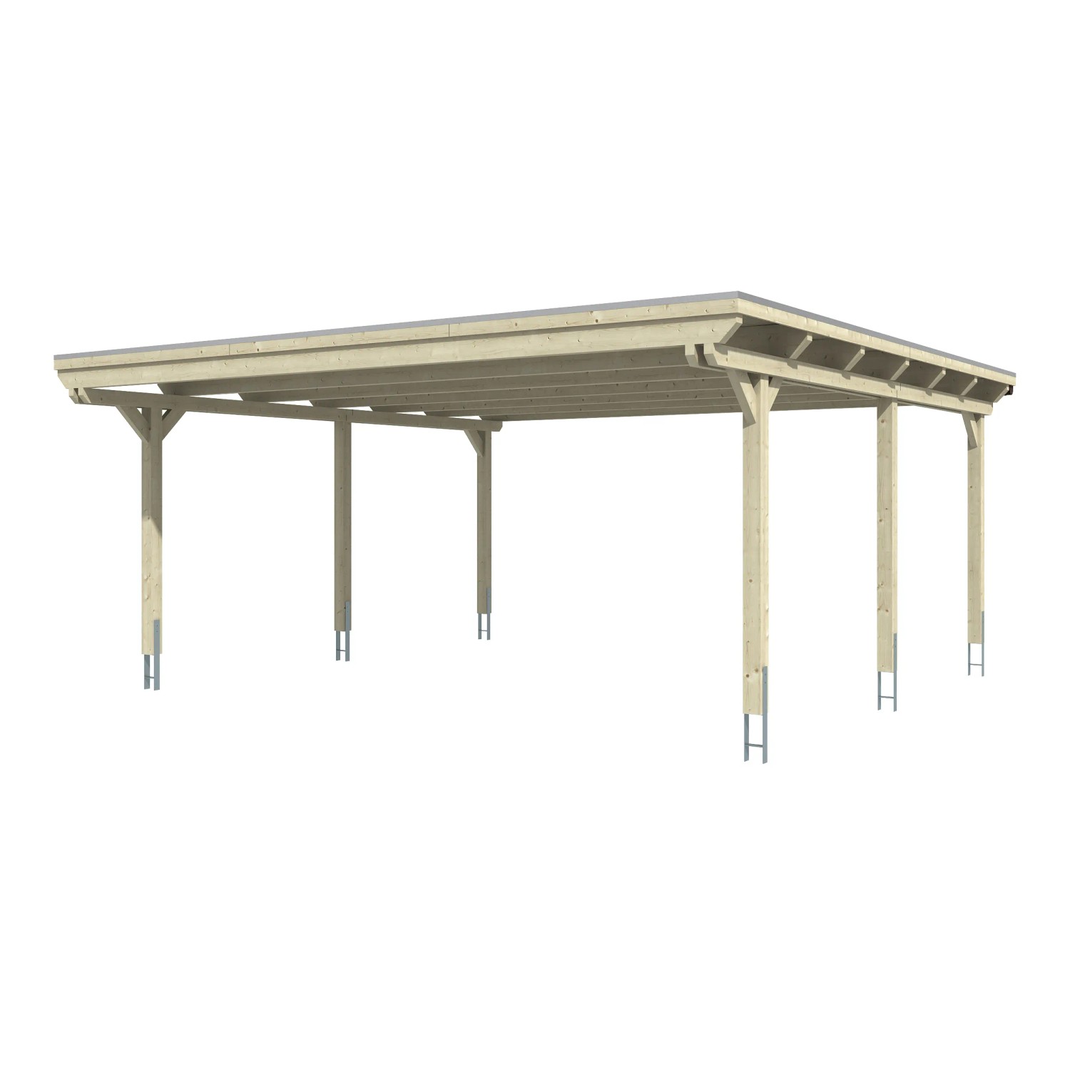 Skan Holz Doppelcarport Emsland aus Holz mit Flachdach und sechs Pfosten.