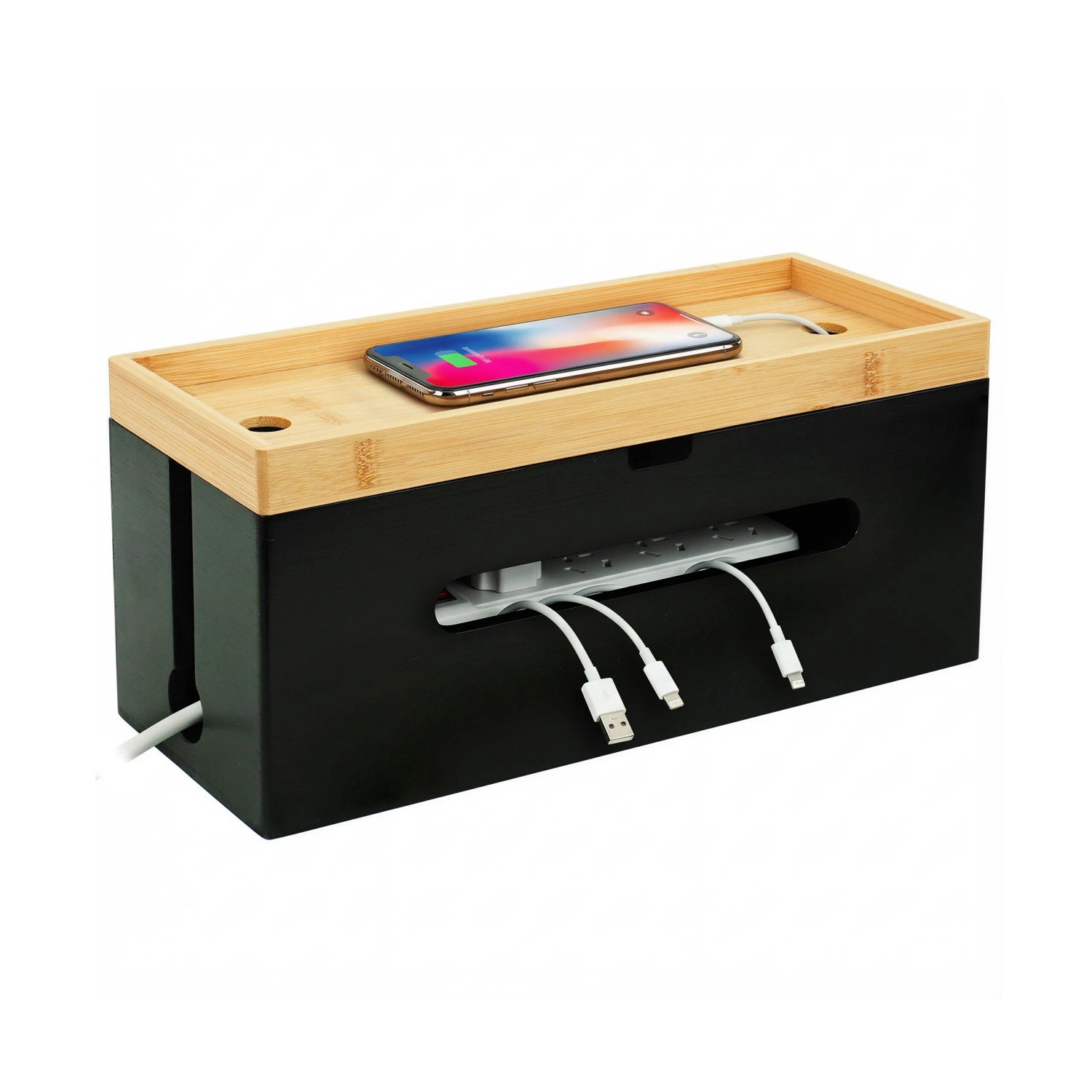 Relaxdays Kabelbox Bambus Natur Schwarz Mit Ablage 16 cm x 34 cm x 13,5 cm 900 g