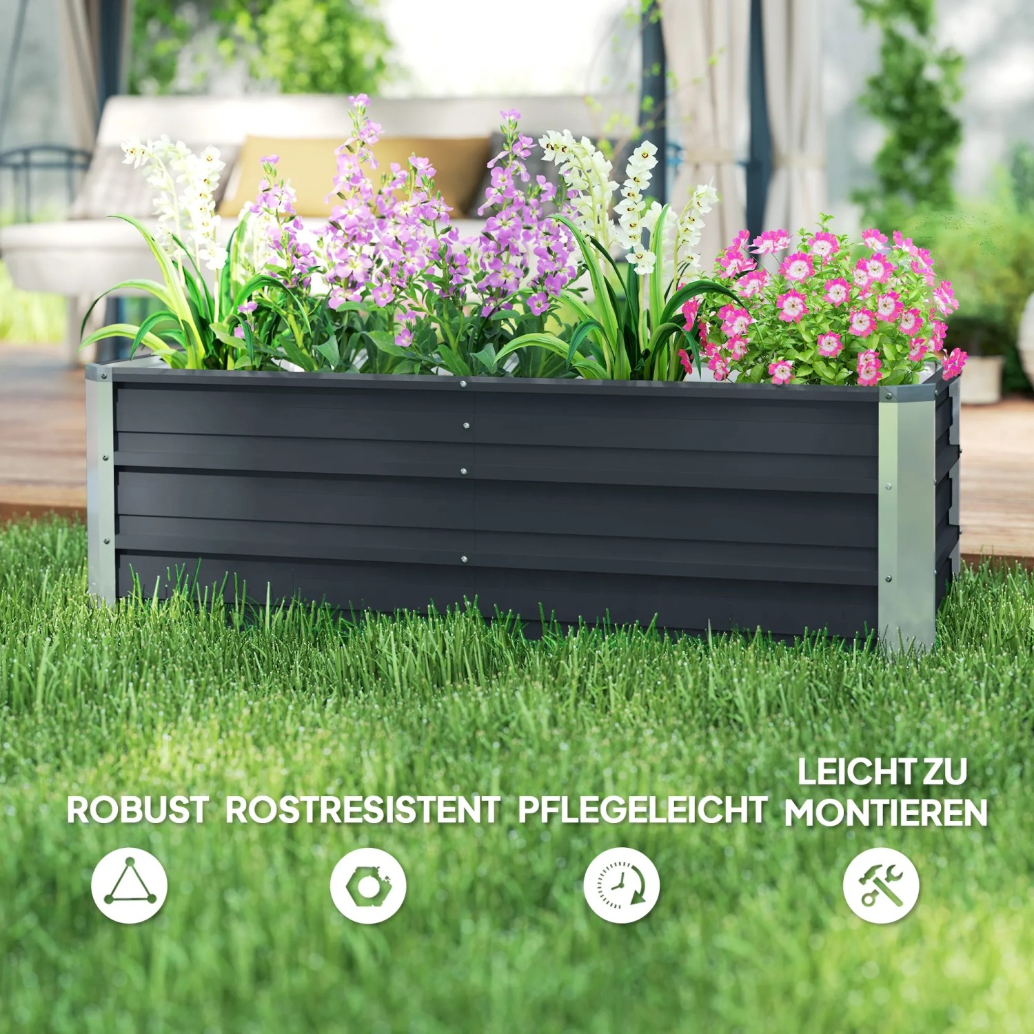 Outsunny Gartenbeet aus Stahl, kohlegrau, mit bunten Blumen bepflanzt.