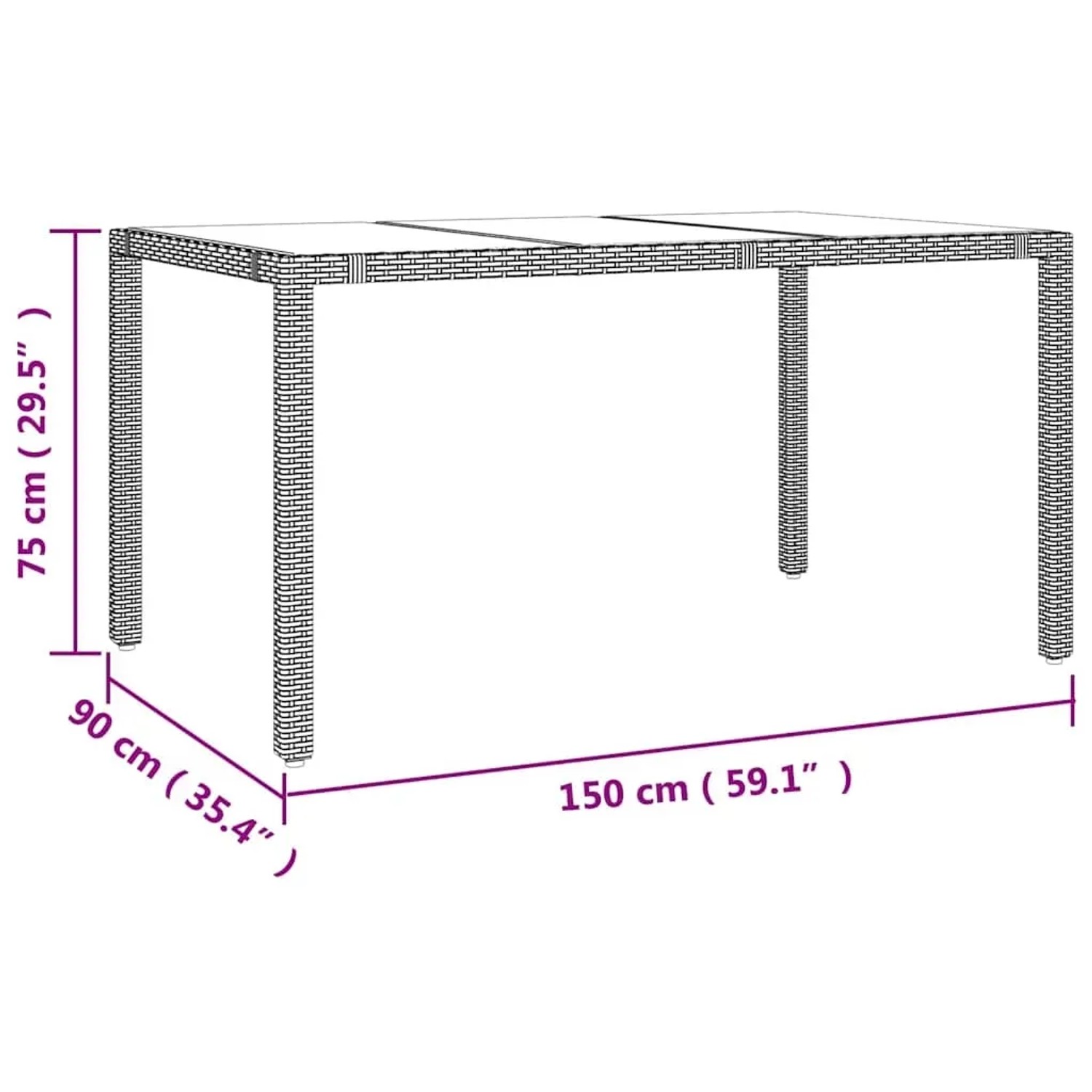 vidaXL Gartenmöbel: Gartentisch aus Rattan, 150x90x75cm, mit Maßangaben.
