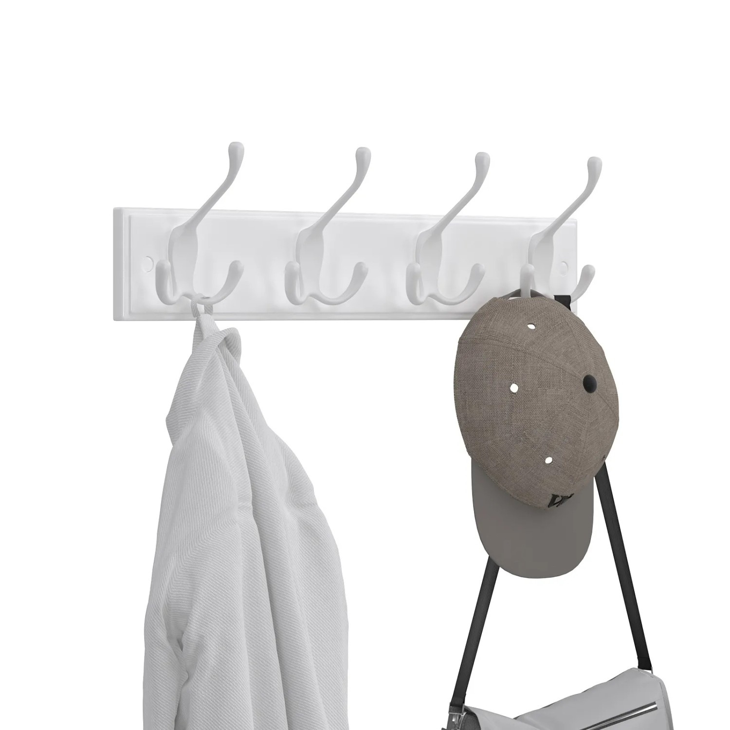 Weiße Songmics Garderobenleiste aus Metall mit fünf Haken, an denen Jacke, Tasche und Mütze hängen.