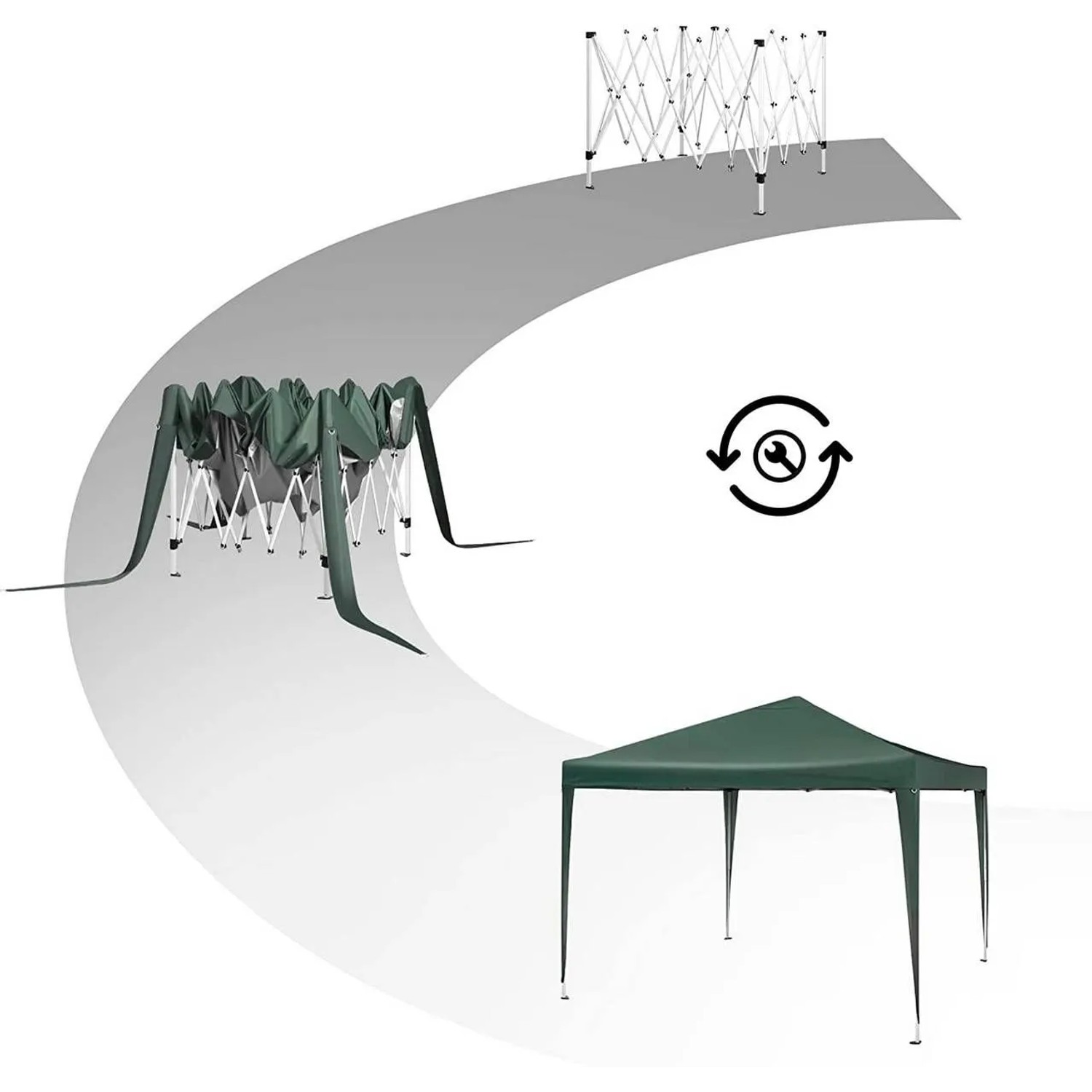 Grüner WOLTU Pop-Up Pavillon 3x3m. Zeigt den schnellen Aufbau des Sonnenschutzes vom Faltgestell bis zur Nutzung.