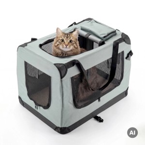 Graue faltbare Fudajo Transportbox für Hunde & Katzen. Robuste Reisebox mit Netzfenstern, Katze schaut heraus.