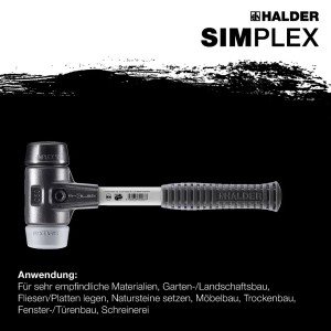 Halder Simplex Schonhammer mit schwarzem Gummi- und grauem TPE-mid-Einsatz, verstärktem Gehäuse, Fiberglasstiel, Ø 50 mm.