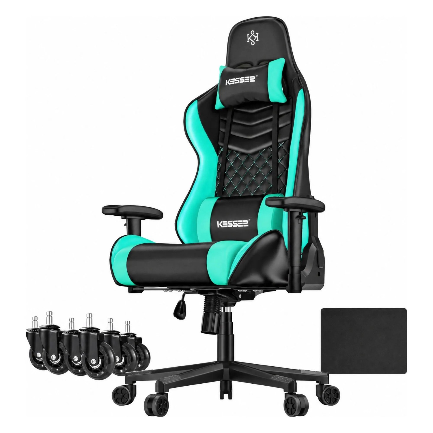 KESSER Gaming Stuhl Ergonomisch mit Kopfstütze 150 kg Belastbar Schwarz Türkis