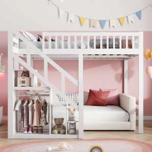 PXloue Bett Etagenbett 90x200cm-Doppelhochbett  mit Stauraum Lattenrost Treppe Schutzgittern Weiß