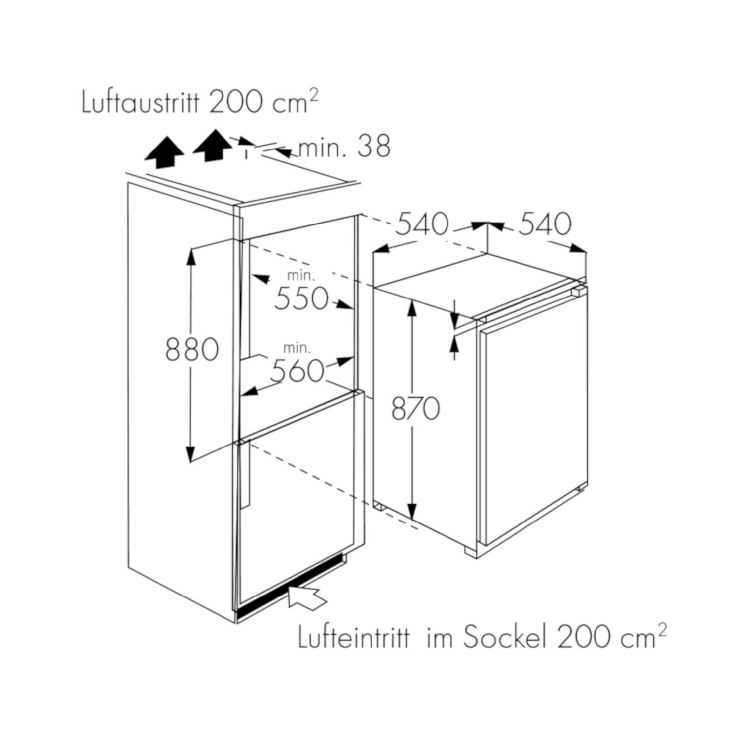 Skizze: Wolkenstein Einbaukühlschrank WKS135.0EEB, Maße und Einbauhinweise.