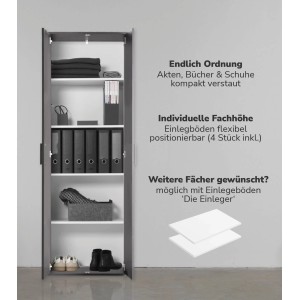 Offener, anthrazitfarbener mokebo Büroschrank mit Fächern, Ordnern, Kleidung und Schuhen.