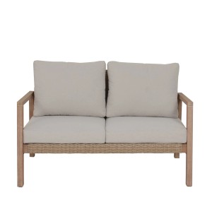 Garden Pleasure San Mateo Lounge-Sofa, 2-Sitzer, braunes Kunststoffgeflecht mit beigen Kissen.