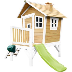 Axi Robin Spielhaus aus Holz, braun-weiß mit lindgrüner Rutsche. Kinderspielhaus mit Leiter, Veranda und Briefkasten.