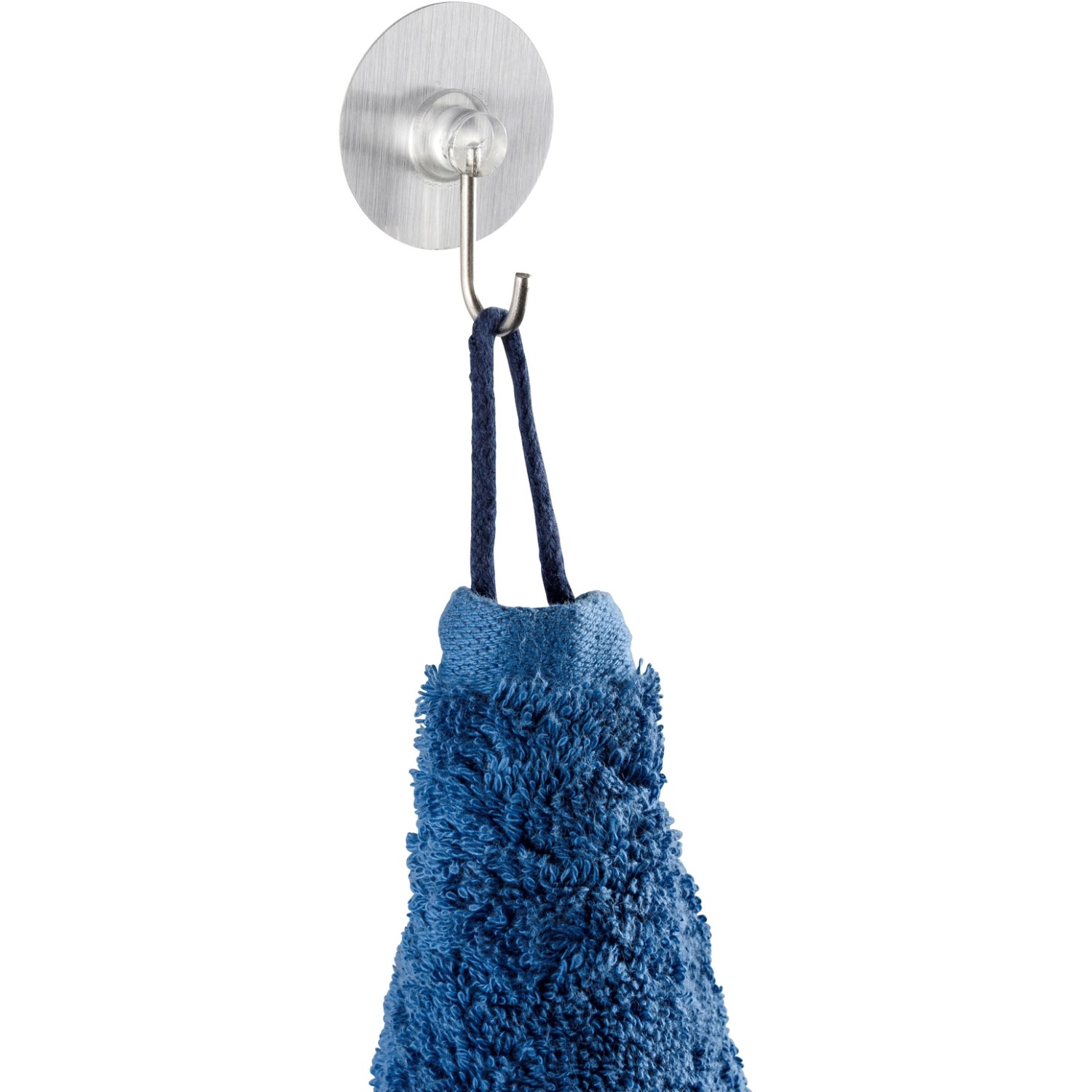 Wenko Wandhaken Static-Loc 4er-Set in Edelstahl-Optik mit blauem Handtuch.