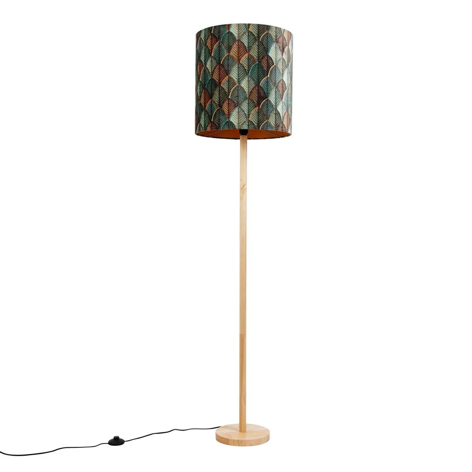 QAZQA Holzstehleuchte mit Samtlampenschirm Blattdesign und Goldener Innenseite Mels