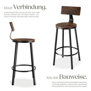 Set Barhocker im Industrial Style mit Rückenlehne, Holz dunkel rustikal, Stahlgestell.