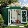 Offenes, dunkelgrünes Biohort Metall-Gerätehaus Europa (3,5 m²) mit Gartengeräten und Regalen.