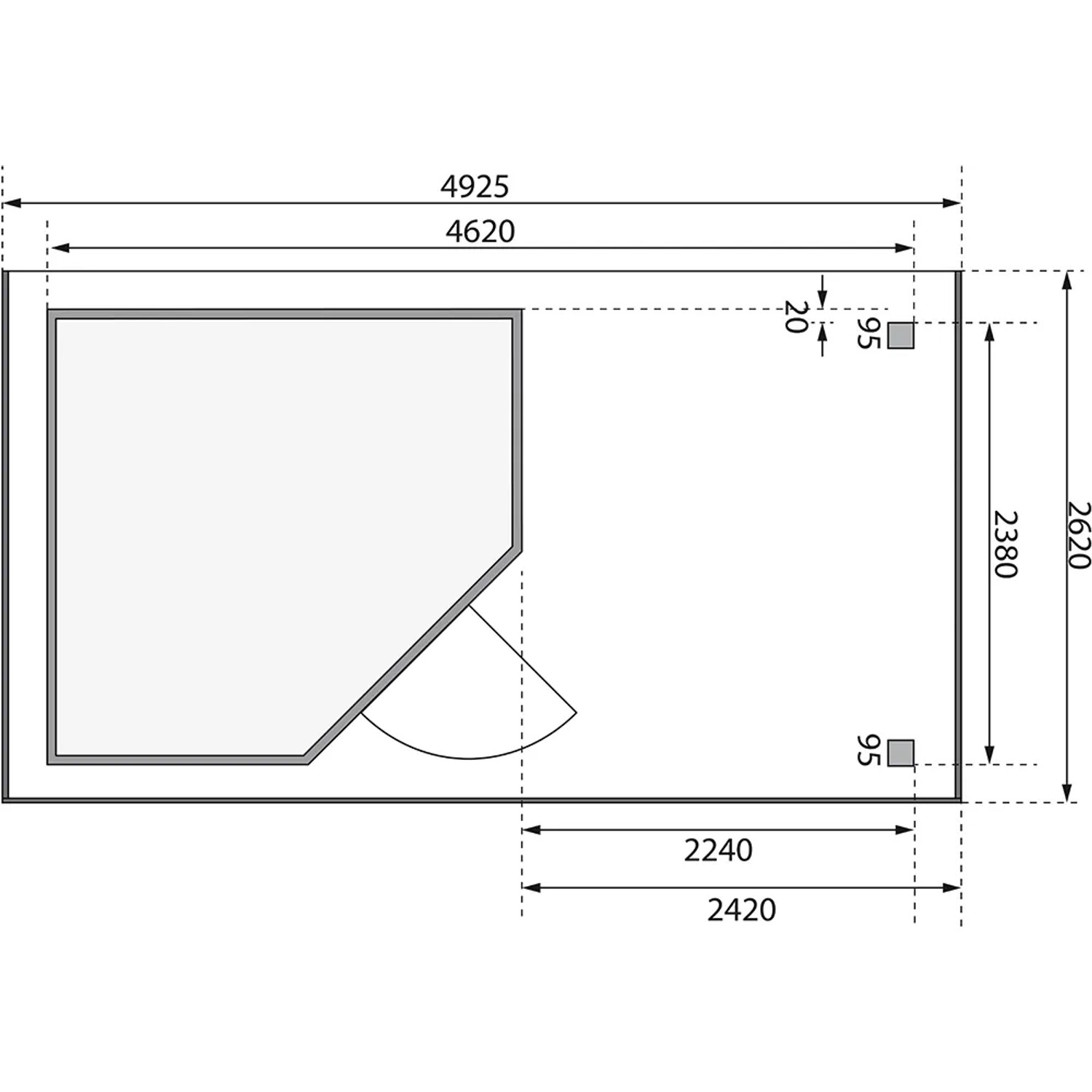 Grundriss Karibu Holz-Gartenhaus Linköbing mit Pultdach, Maße: 238x242cm.