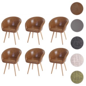 6er-Set MCW Esszimmerstühle Vaasa T633 im 50er-Jahre-Stil mit Kunstlederbezug und Holzfüßen.