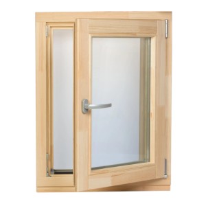 Offenes Panto Holzfenster, Dreh/Kipp, 90x90 cm, rohes Nadelholz mit Griff.