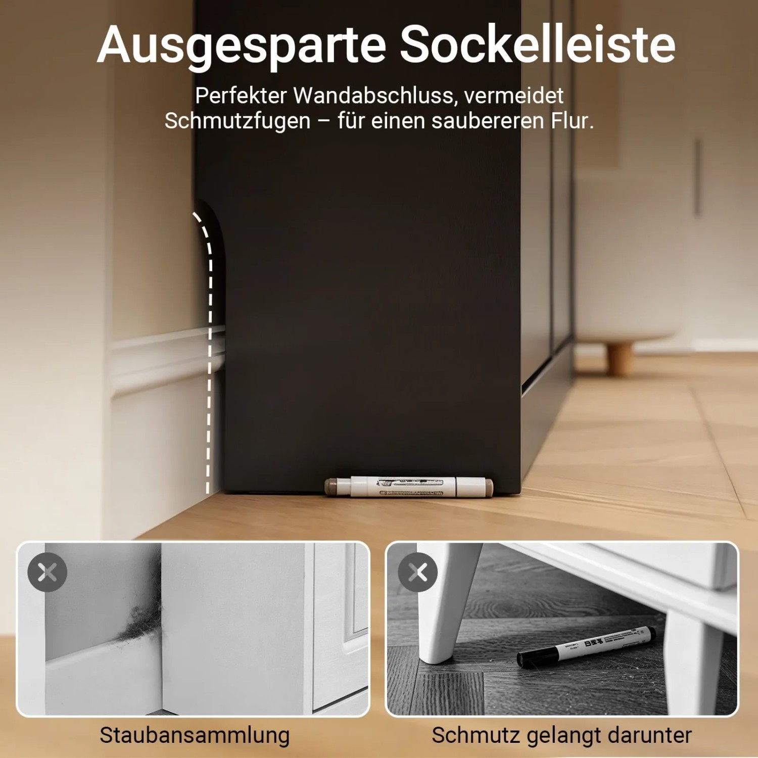 Schwarzer SoBuy Schuhschrank mit ausgesparter Sockelleiste für bündigen Wandabschluss im Flur.