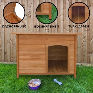 Große Monstershop Hundehütte aus Tannenholz mit Dachöffnung und Türklappe für Innen- und Außenbereich.
