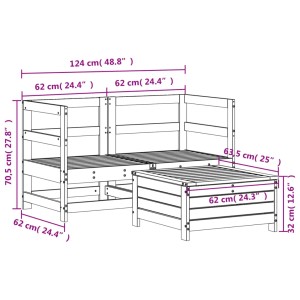 vidaXL 3-tlg. Garten-Sofagarnitur aus Douglasie mit Maßangaben.