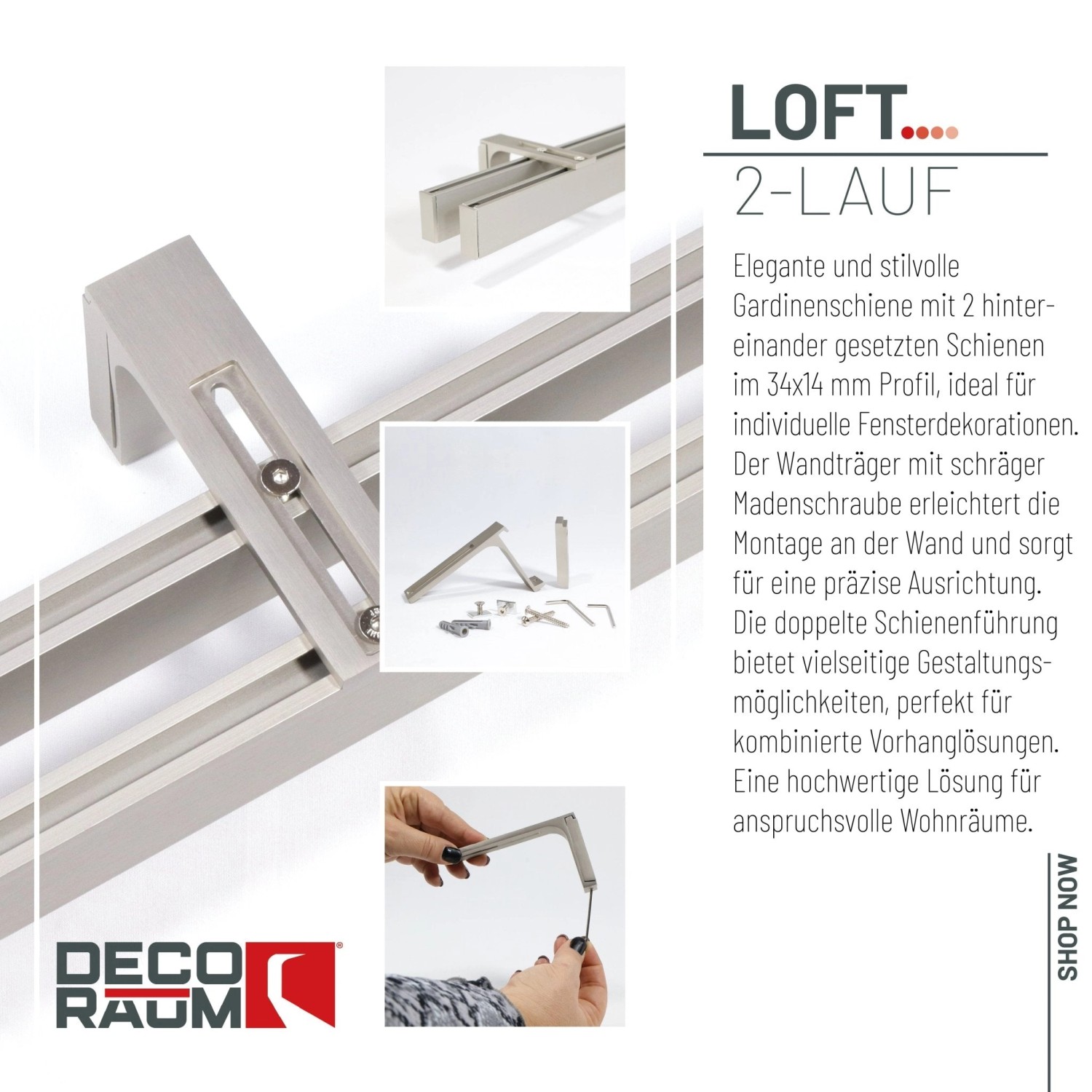 Deco-Raum Gardinenschiene nach Maß 2-Lauf Loft Edelstahl-Optik 480cm_3