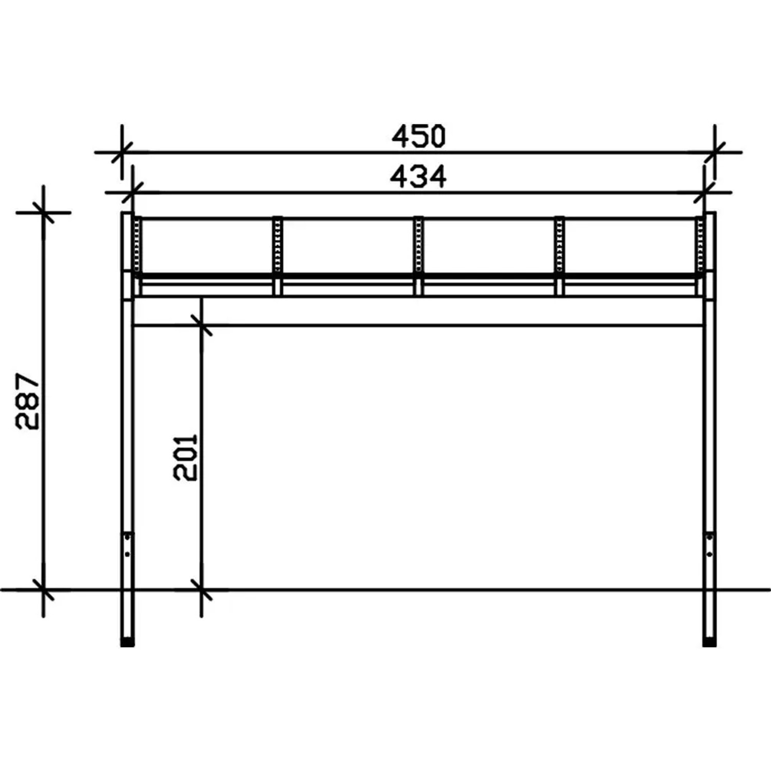 Technische Zeichnung der Skan Holz Terrassenüberdachung Novara, Maße: 450x359 cm.