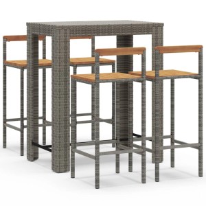 Graues 5-tlg. Gartenbar-Set aus Rattan mit Akazienholz-Akzenten. Ideal für Terrasse und Garten.