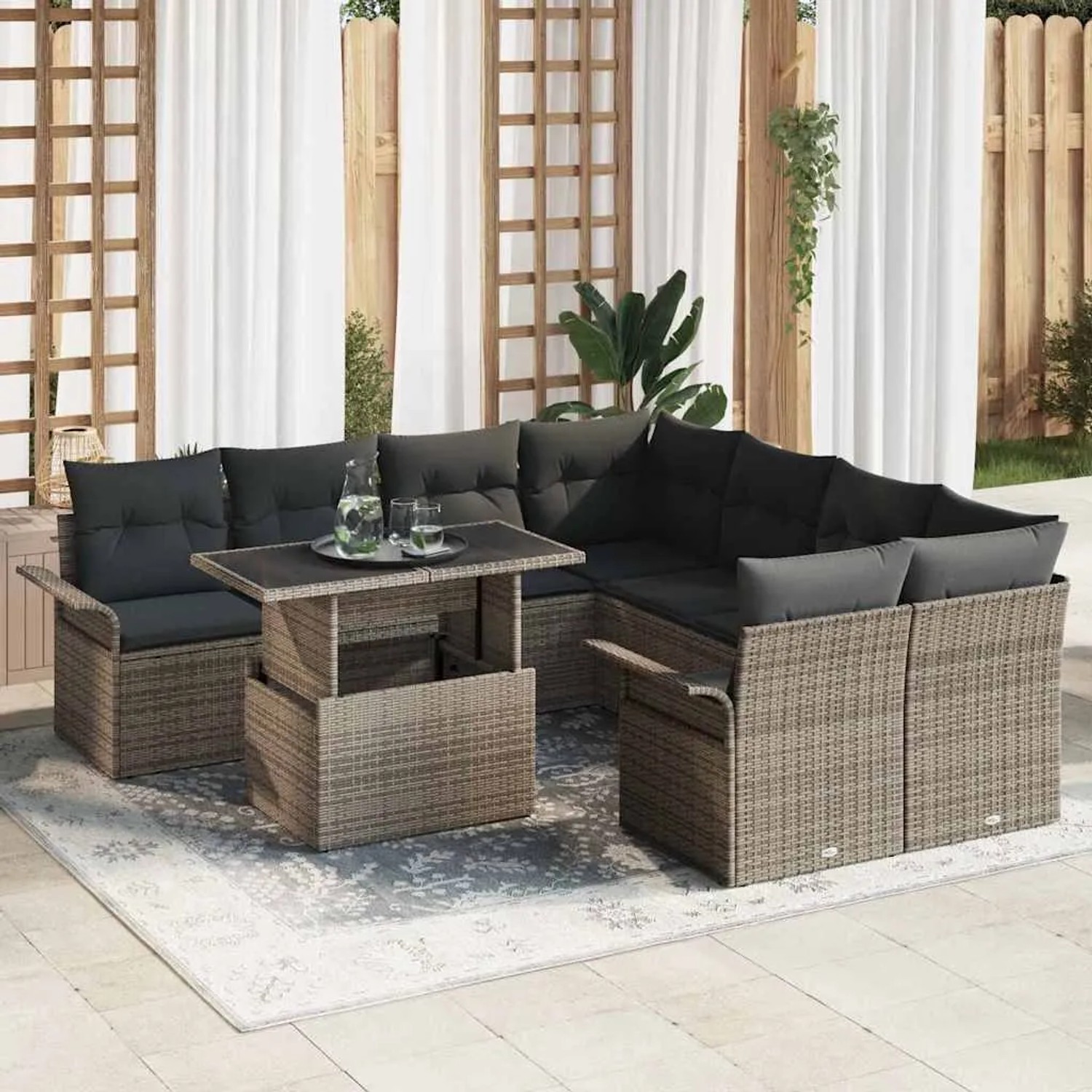 Graues 9-tlg. vidaXL Garten-Sofa-Set aus Poly Rattan mit Tisch und Kissen für den Garten.