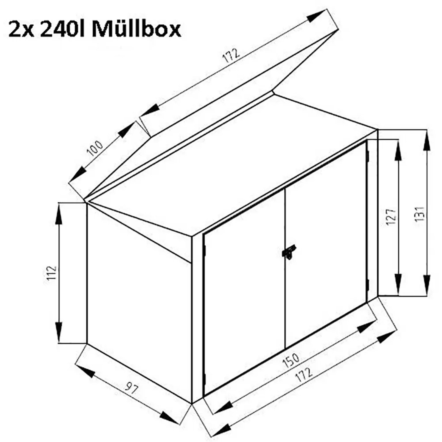 Technische Zeichnung: Graue Metall Mülltonnenbox für 2x 240L Tonnen, Maße 131x172x100cm.
