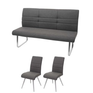 Esszimmer-Set: 160cm Bank und 2 Polsterstühle in Grau-Braun mit Ziernähten und gebürstetem Edelstahlgestell.