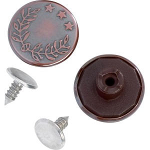 Jeansknopf Kupfer, Ø 17mm, mit Lorbeerkranz und Sternen. Set mit Knopfkappe, Unterteil und Stift.