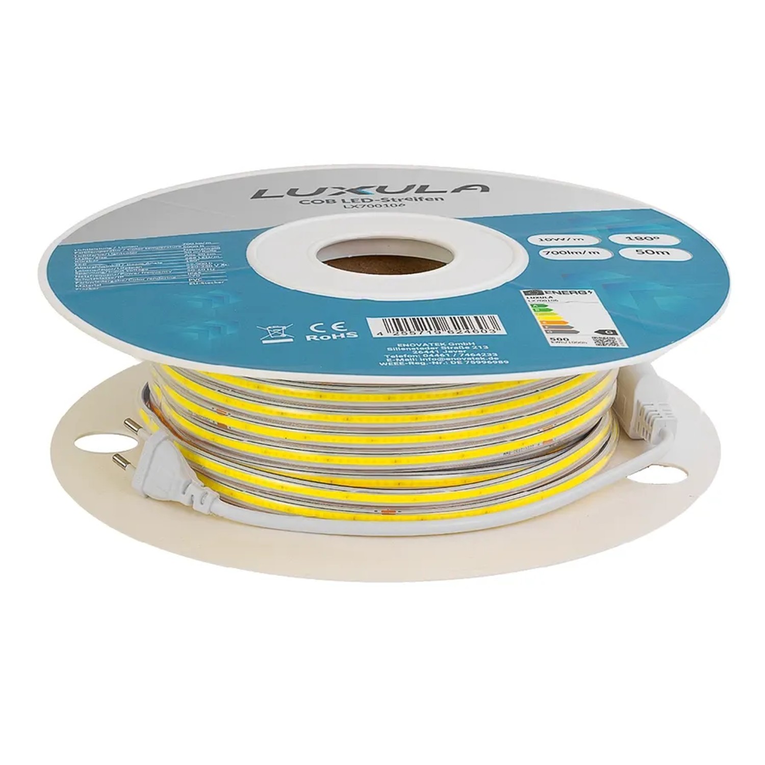 Aufgerollter grüner LUXULA COB LED Streifen 50m auf Spule, Weihnachtsbeleuchtung.