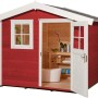 Schwedenrotes Holz-Gartenhaus mit Satteldach, Fenster und offener Doppeltür. Ideal als Gerätehaus oder Hobbyraum.