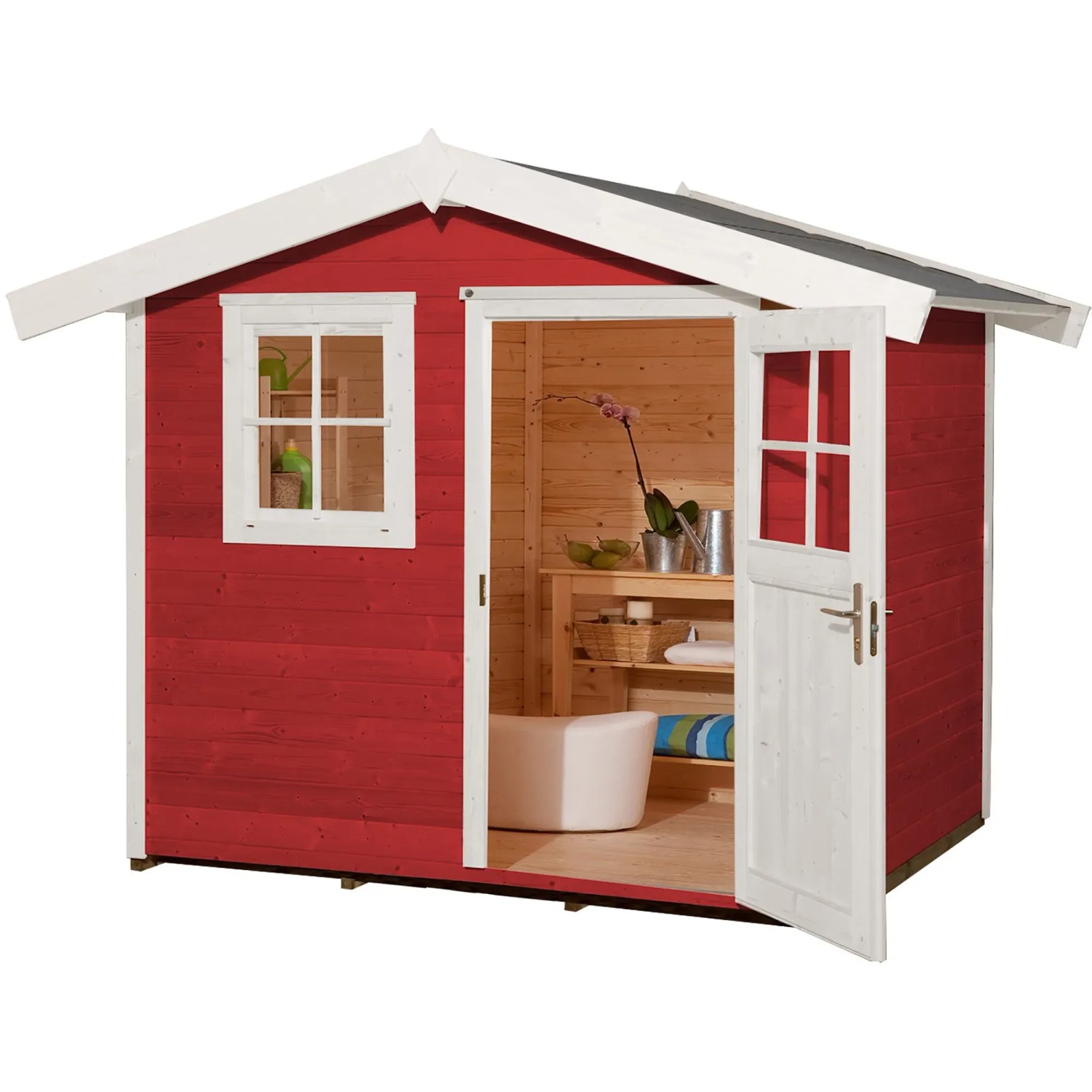 Schwedenrotes Holz-Gartenhaus mit Satteldach, Fenster und offener Doppeltür. Ideal als Gerätehaus oder Hobbyraum.