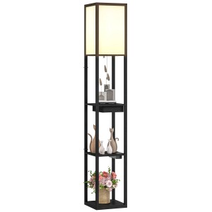 Schwarze HOMCOM Stehlampe mit Regalen und Schublade, MDF/Sperrholz, 159 cm hoch.