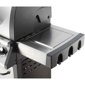 Detailaufnahme: Silberner El Fuego Gasgrill Bellevue mit Seitenbrenner und Ablagefläche.
