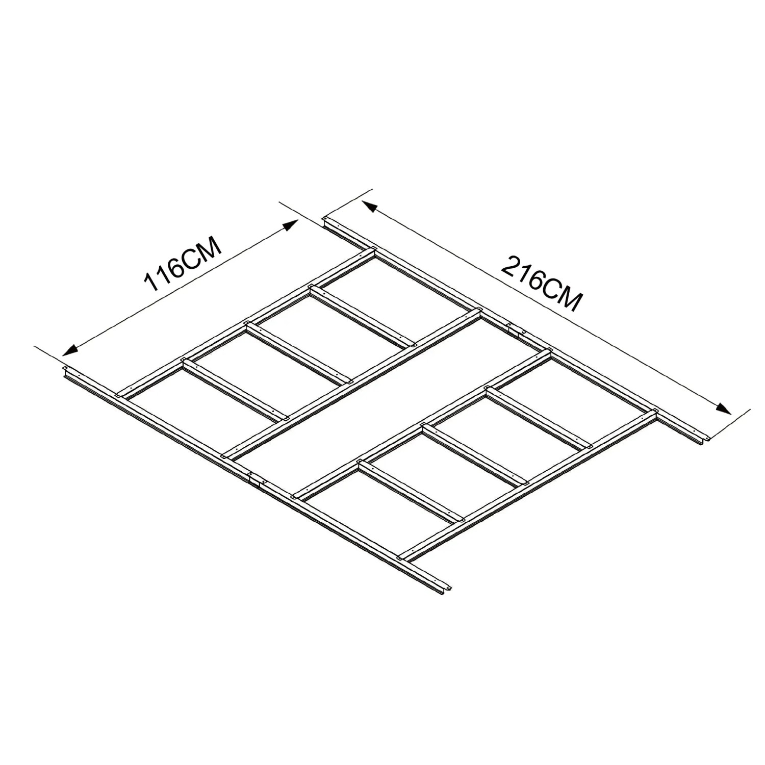 Floraworld Fundament für Gerätehaus Pultdach Gr. 3, verzinkt, mit Maßangaben 116x216cm für stabilen Unterbau.