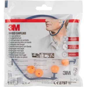 3M Bügelgehörschutz 1310 im transparenten Kunststoffbeutel mit blauen Bügel und orangefarbenen Stöpseln.