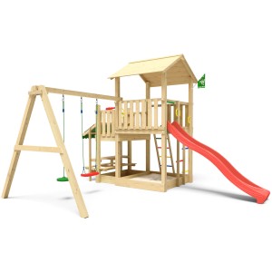Jungle Gym Spielturm Skyline mit Doppelschaukel, roter Rutsche und Picknick Modul aus Holz.