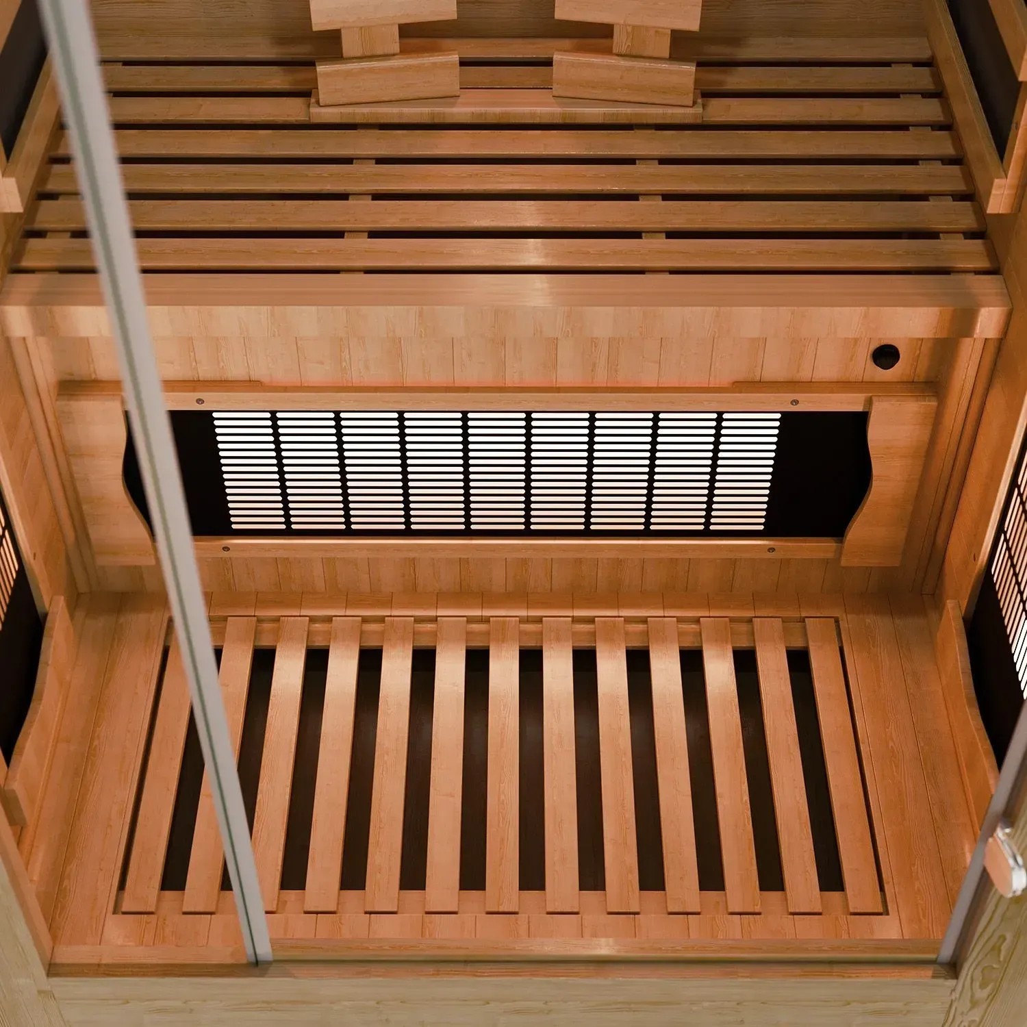 Innenansicht Artsauna Infrarotkabine Kiruna90 Premium aus Hemlockholz mit Sitzbank und Rückenlehne.