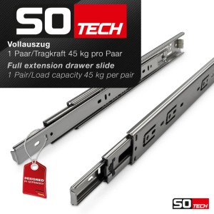 Zwei SOTECH Vollauszüge aus Stahl, kugelgelagert, 250 mm lang, 45 kg Tragkraft. Einer offen, einer geschlossen.