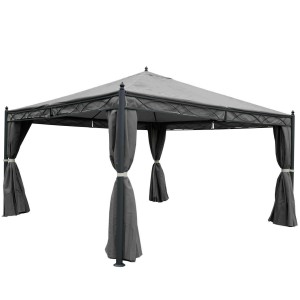 Graue MCW Pergola Calpe 4x4m mit Dach, Seitenwänden und Moskitonetz für Terrassen.
