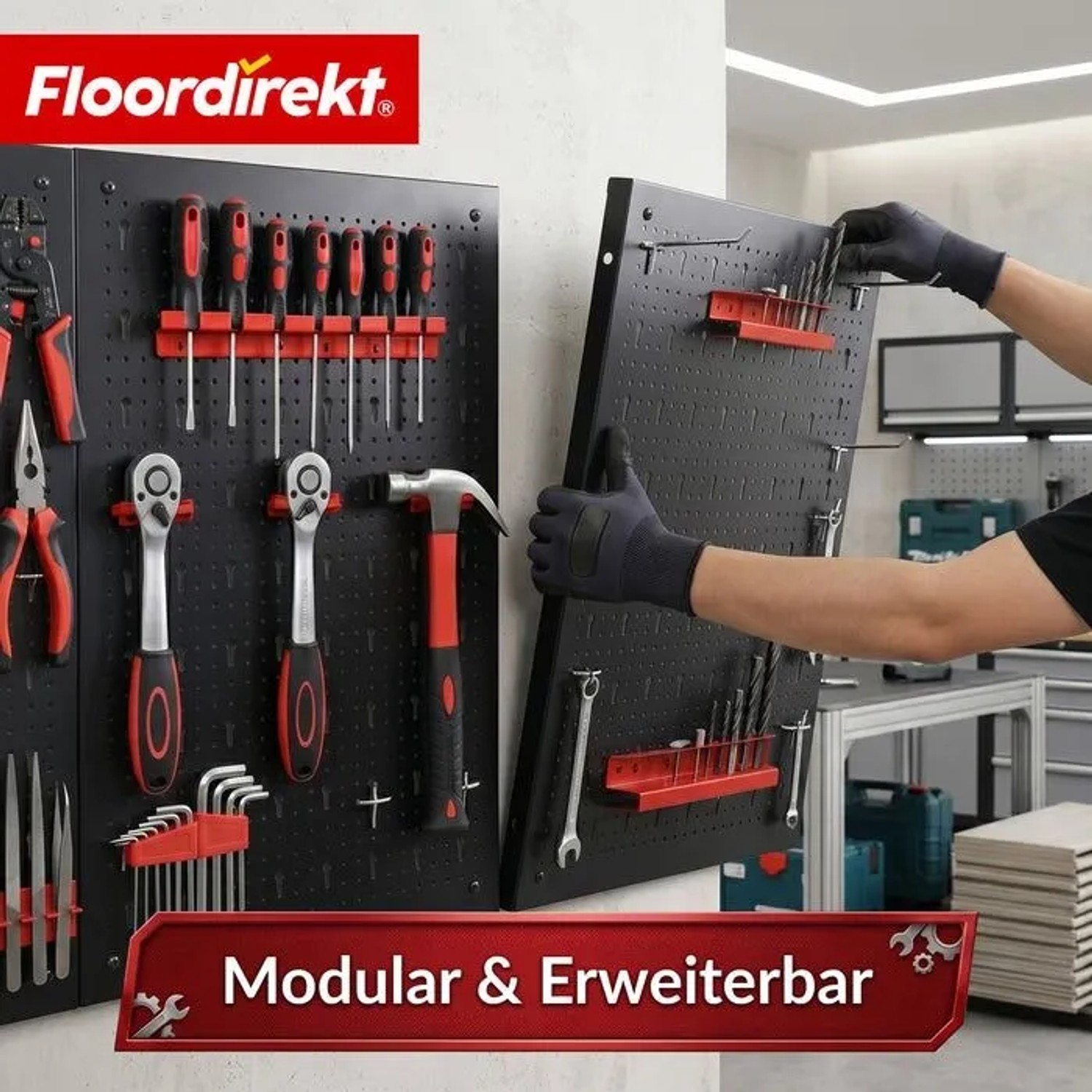 Floordirekt Werkzeugwand Parker Set mit Werkzeugen an schwarzer Lochwand mit roten Haltern.