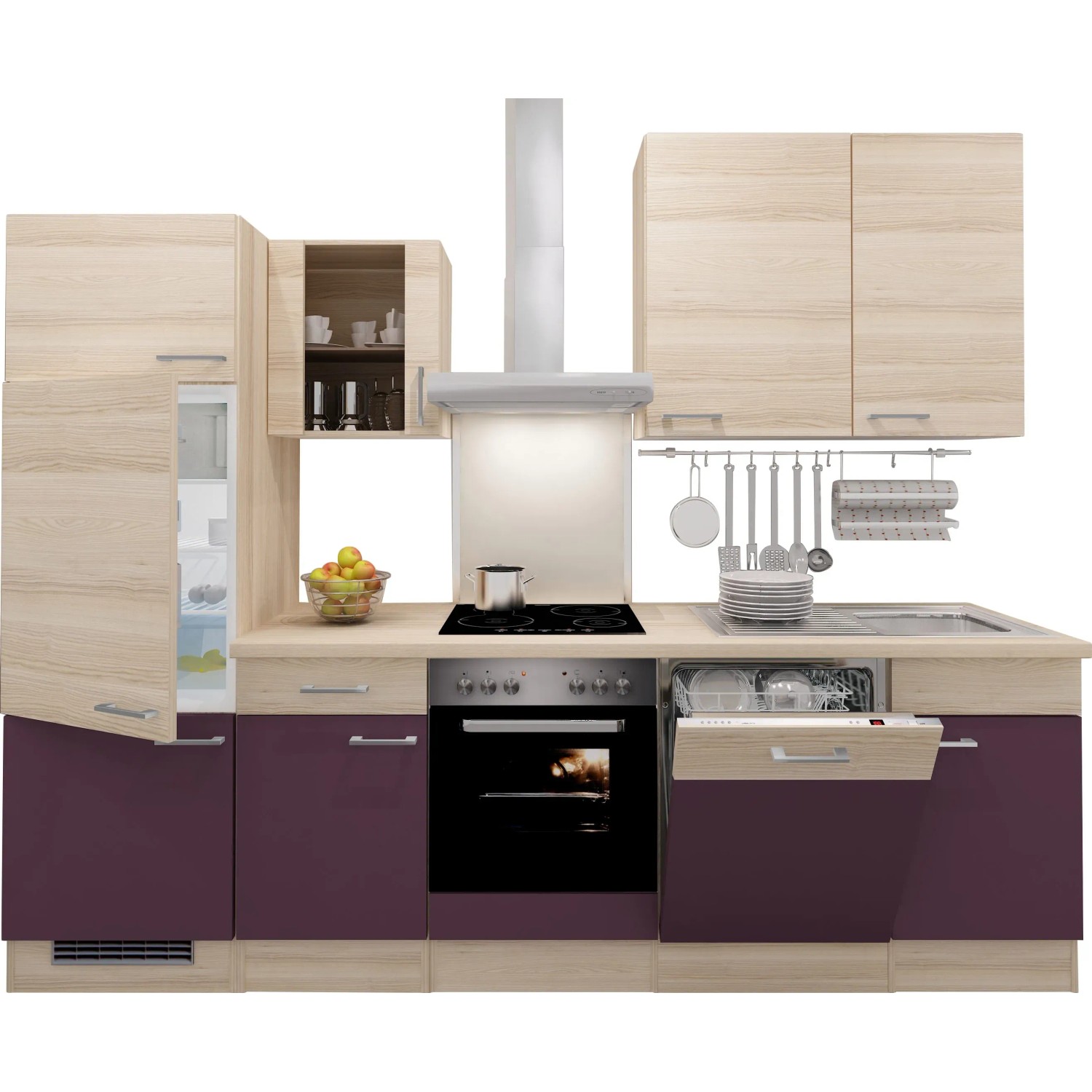 Flex-Well Exclusiv Küchenzeile Focus 280 cm Akazie Nachbildung Aubergine