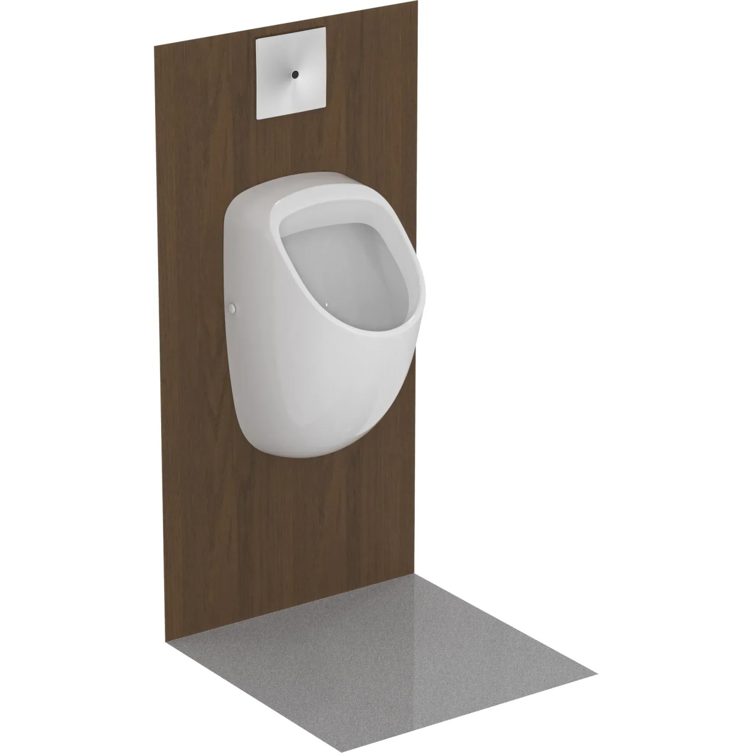 Weißes Ideal Standard Connect Absaugeurinal aus Kristallporzellan vor dunkler Wand.