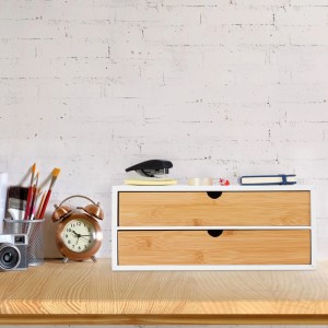Relaxdays Schubladenbox Bambus MDF Weiß Natur 2 Fächer 14 cm x 33 cm x 21 cm 2,2 kg