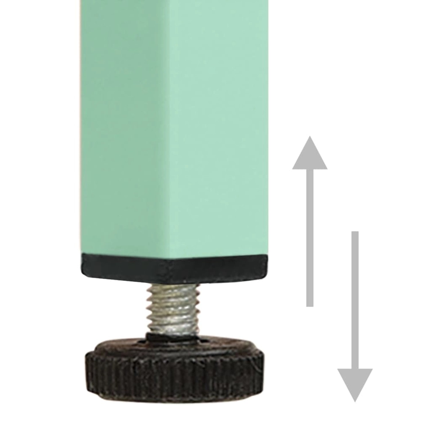 Detailaufnahme: Verstellbarer Fuß des mintgrünen vidaXL Lagerschranks aus Stahl.