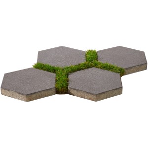 Graphitfarbene Kann Trittplatte Wabeno, sechseckig, mit Grasfugen.