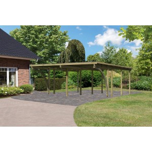 Karibu Doppelcarport Eco aus Holz mit PVC-Dachplatten und stabilen Pfosten im Garten.