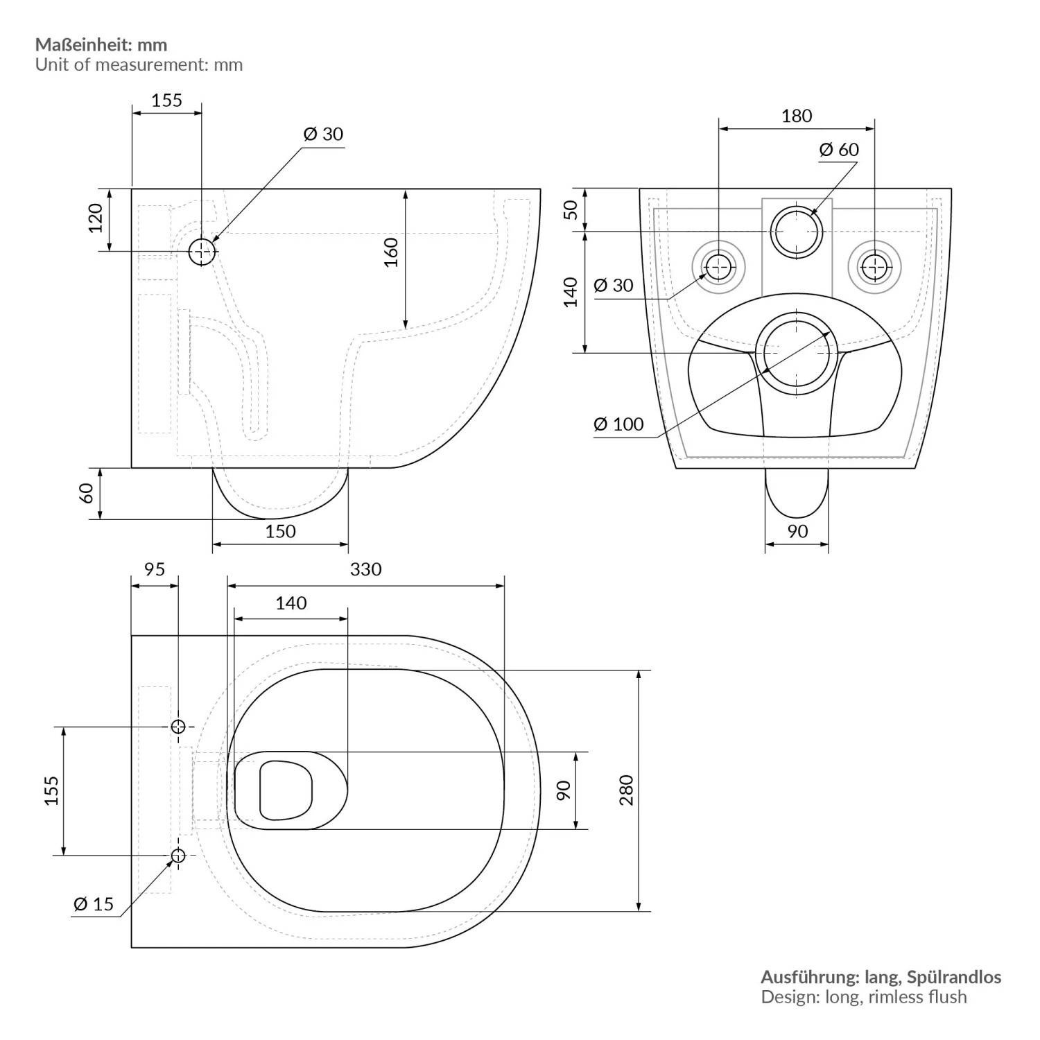 Technische Zeichnung des LuxeBath spülrandlosen Hänge-WCs aus Keramik mit Maßen für die Wandmontage.
